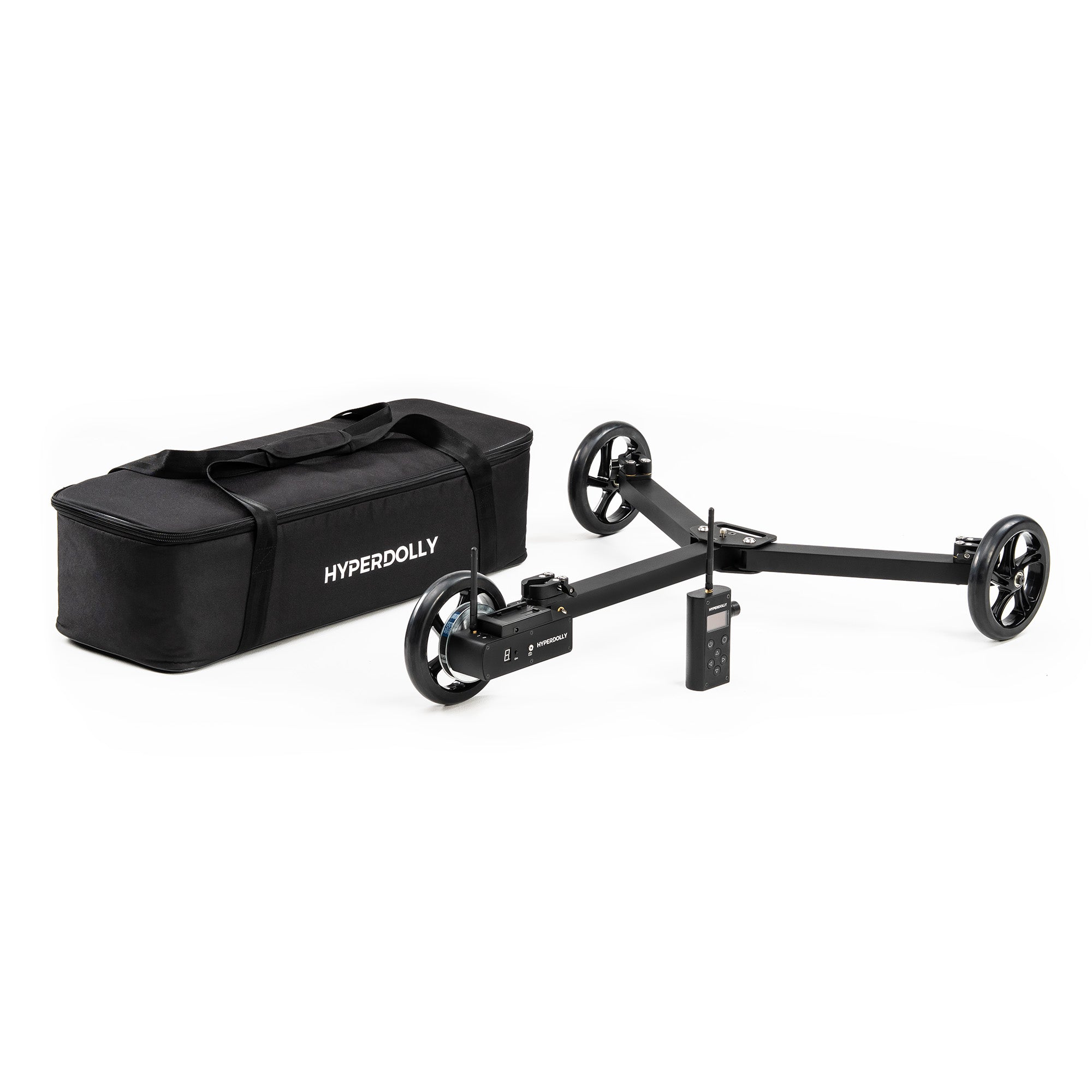Hyperdolly HY-01 complete package featuring the motorized camera dolly, wireless remote controller, and carrying case.