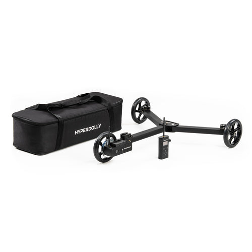 Hyperdolly HY-01 complete package featuring the motorized camera dolly, wireless remote controller, and carrying case.