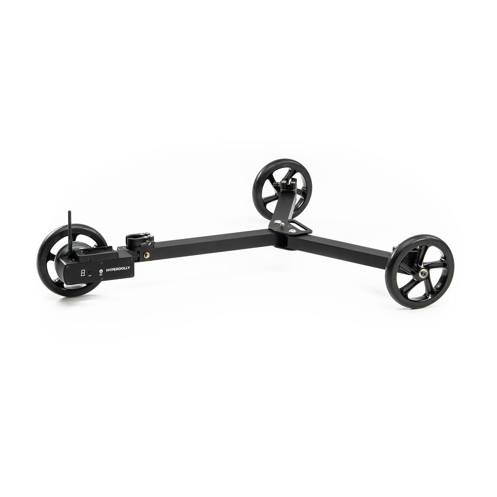 Hyperdolly HY-01 motorized camera dolly featuring quick-release clamps for secure tripod mounting.