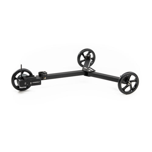 Hyperdolly HY-01 motorized camera dolly featuring quick-release clamps for secure tripod mounting.