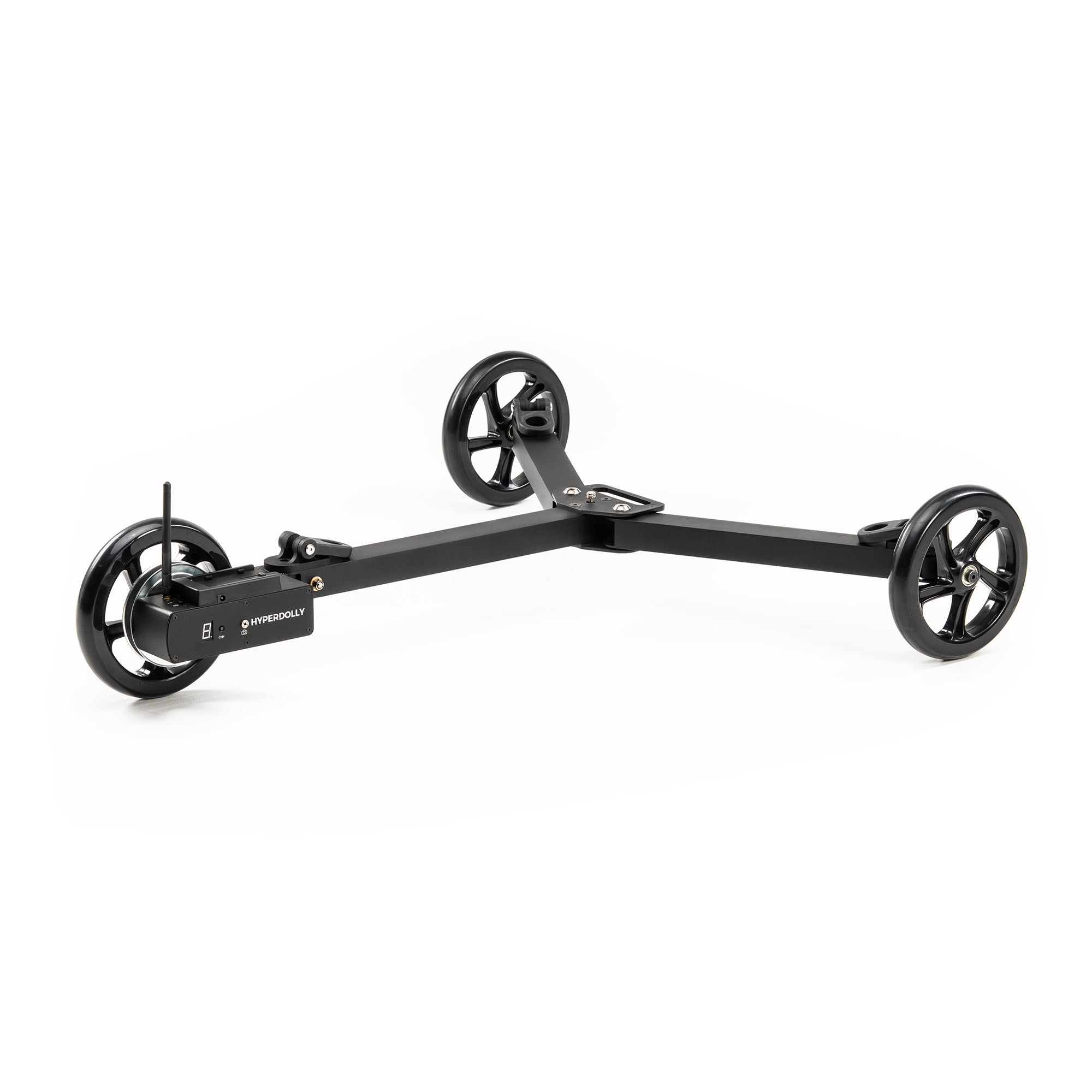 Hyperdolly HY-01 motorized camera dolly featuring rubber hooks for secure mounting of heavy-duty tripods.