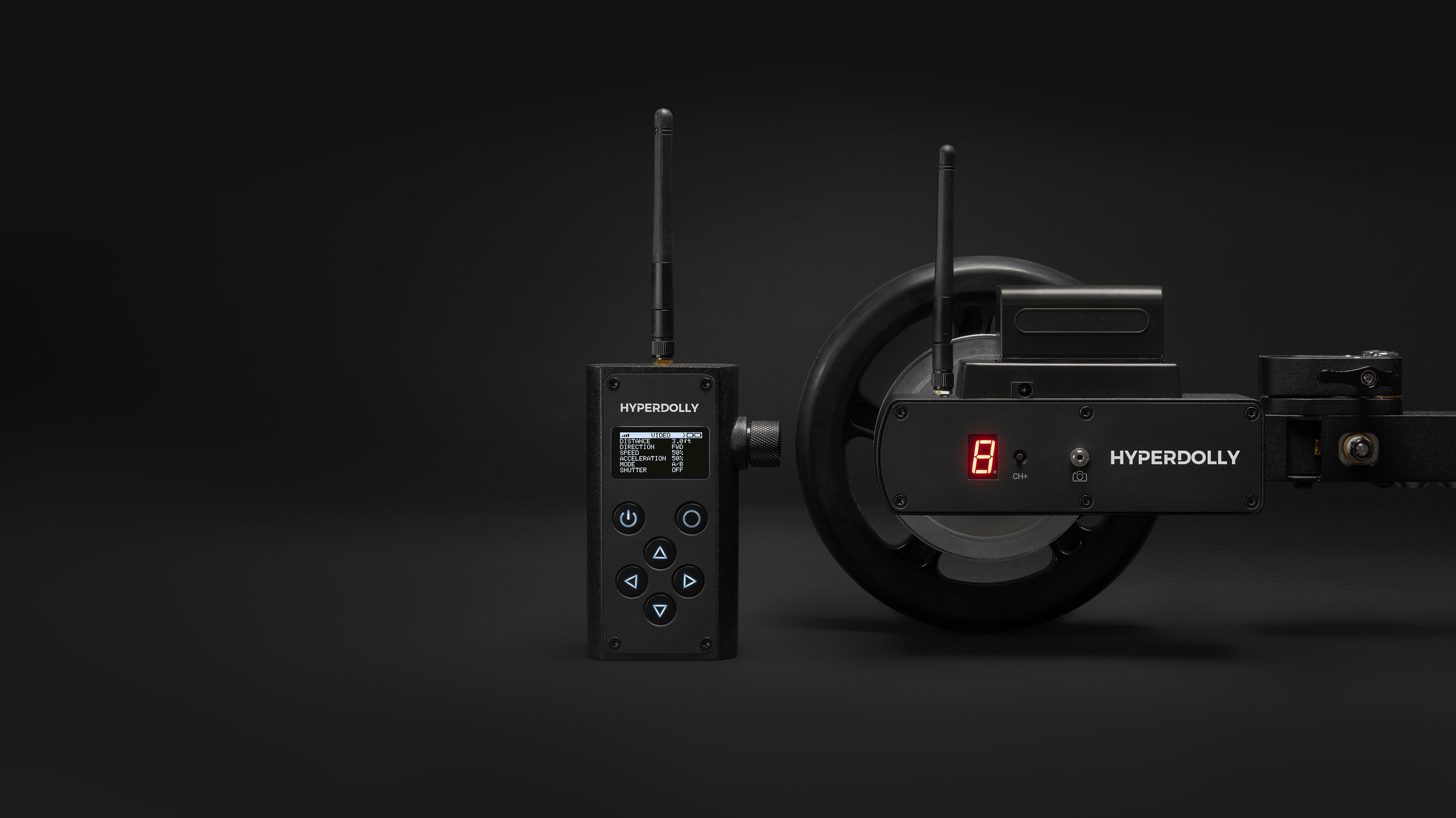 Dedicated 2.4 GHz wireless remote control for the Hyperdolly HY-01 motorized camera dolly system.