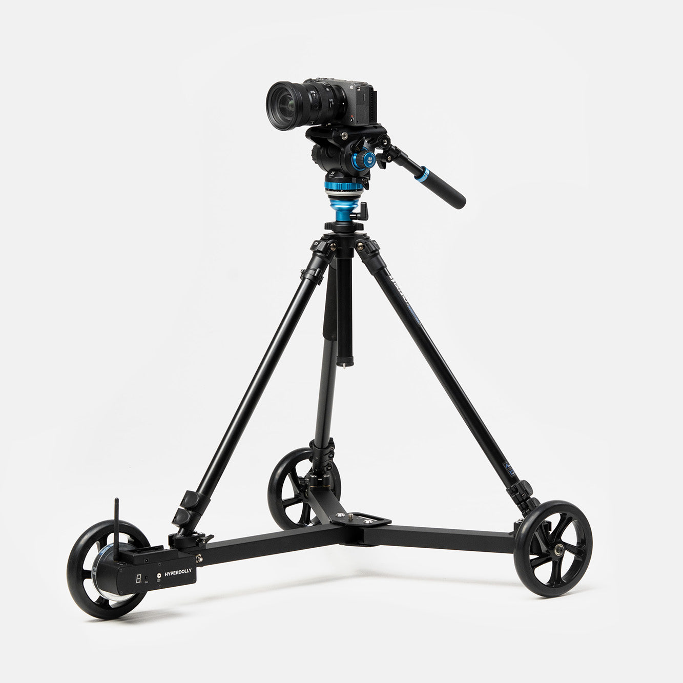 Sony FX3 cinema camera with Sigma 24-70mm lens mounted on a Benro video tripod and Hyperdolly HY-01 with quick-release clamps.