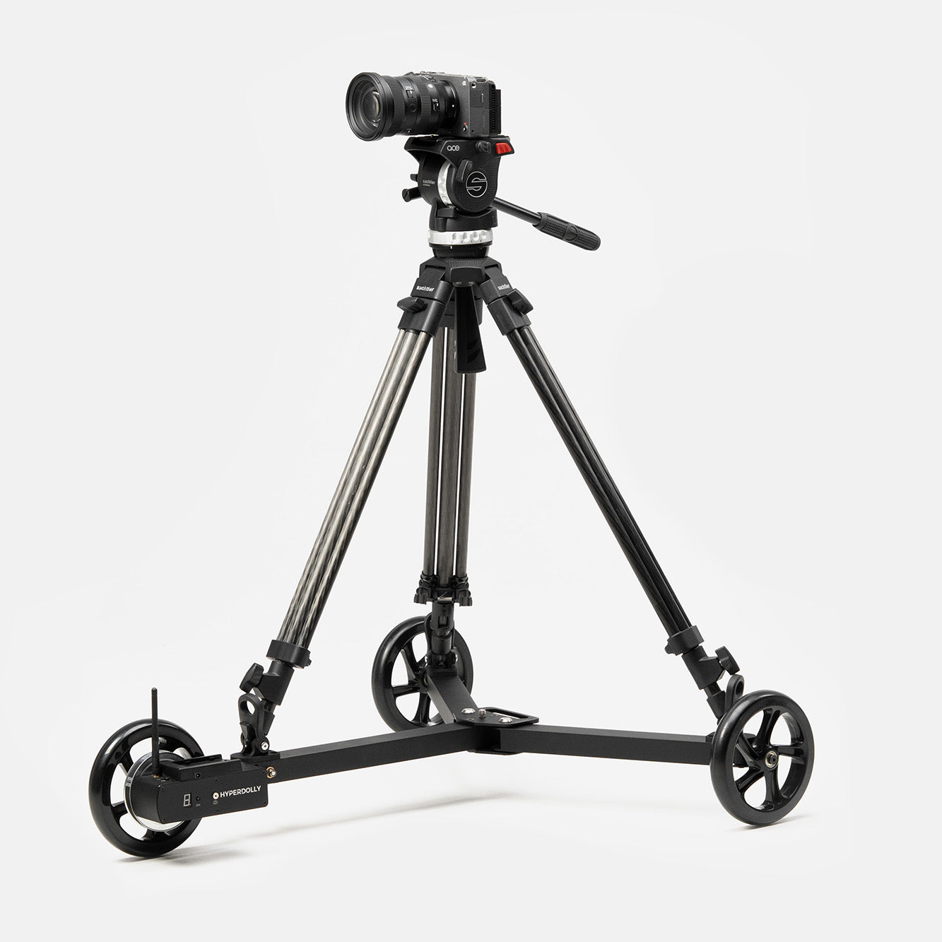 Sony FX3 cinema camera with Sigma 24-70mm lens mounted on a Sachtler Ace heavy-duty cinema tripod and Hyperdolly HY-01 with rubber hooks.