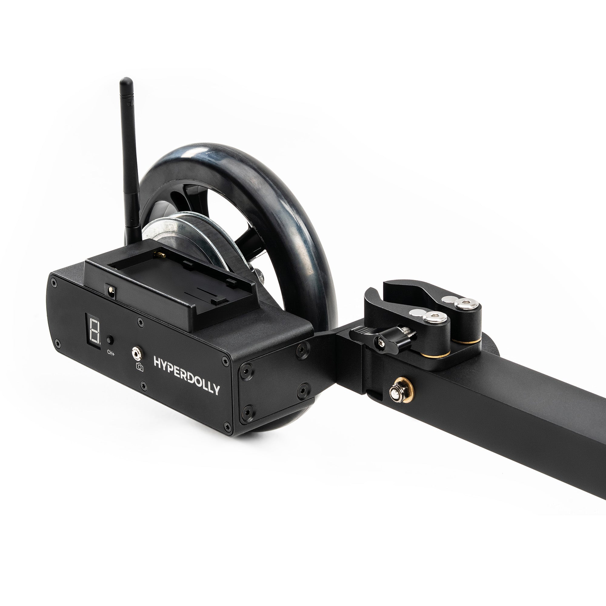 Hyperdolly HY-01 motor assembly highlighting the high-torque belt drive and Sony NP-F battery mount.