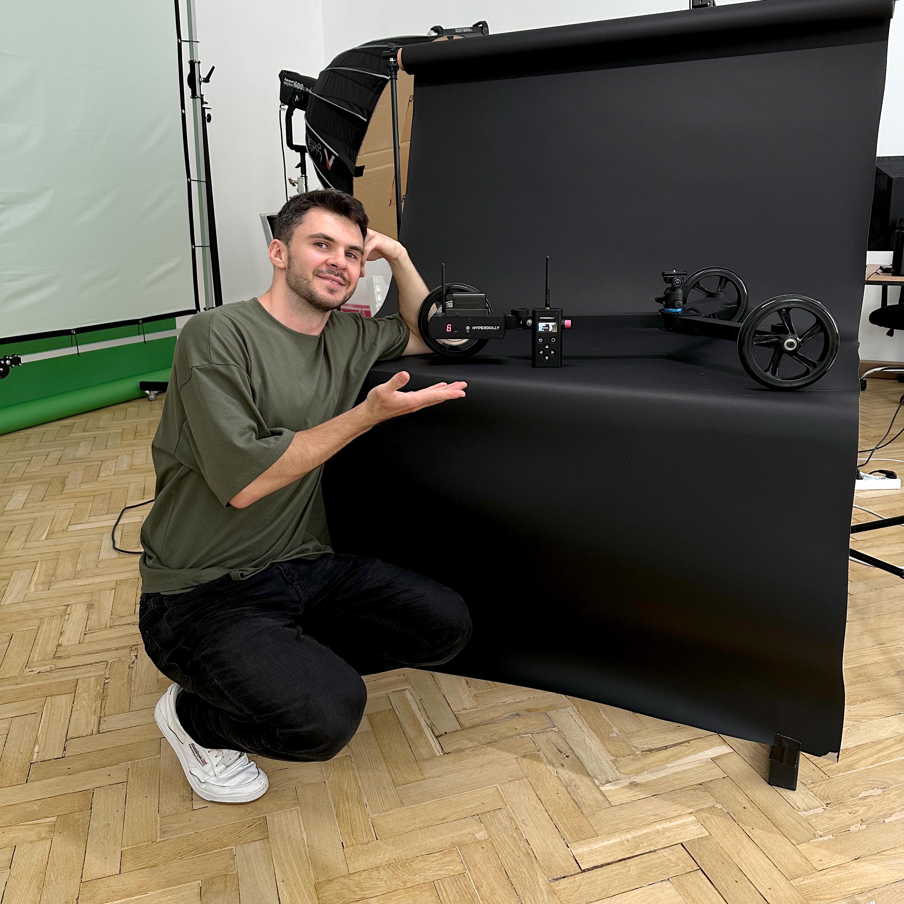 Founder Andrii Statieva presenting the Hyperdolly HY-01 in a studio setting.